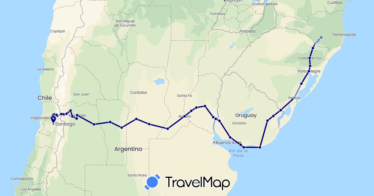 TravelMap itinerary: driving, cycling in Argentina, Brazil, Chile, Uruguay (South America)