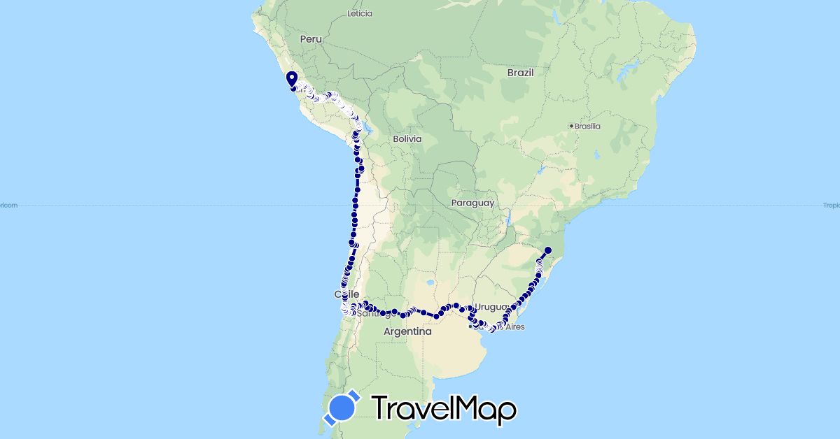 TravelMap itinerary: driving in Argentina, Bolivia, Brazil, Chile, Peru, Uruguay (South America)